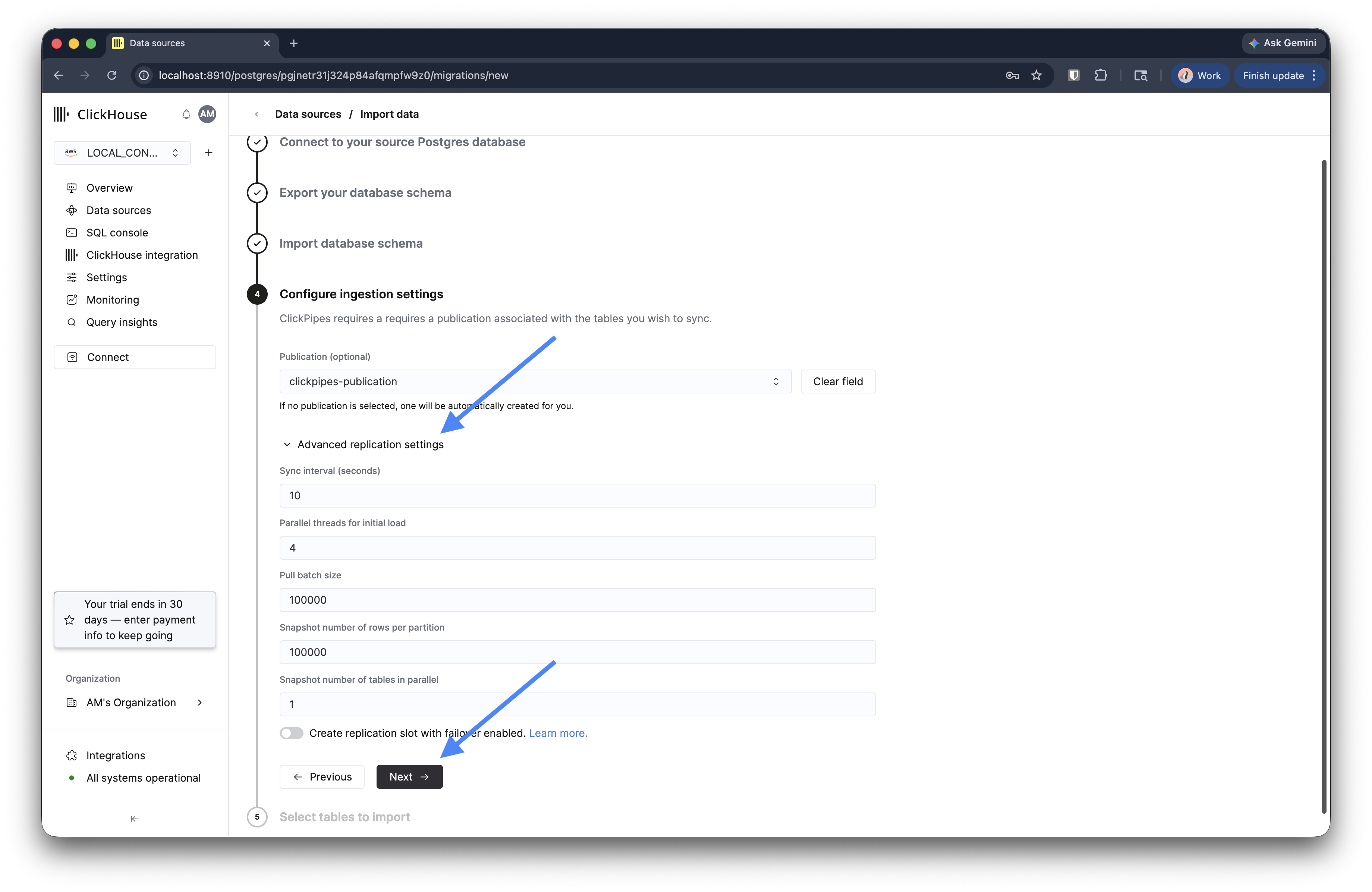 Step 4: ingestion settings form with publication and advanced replication options