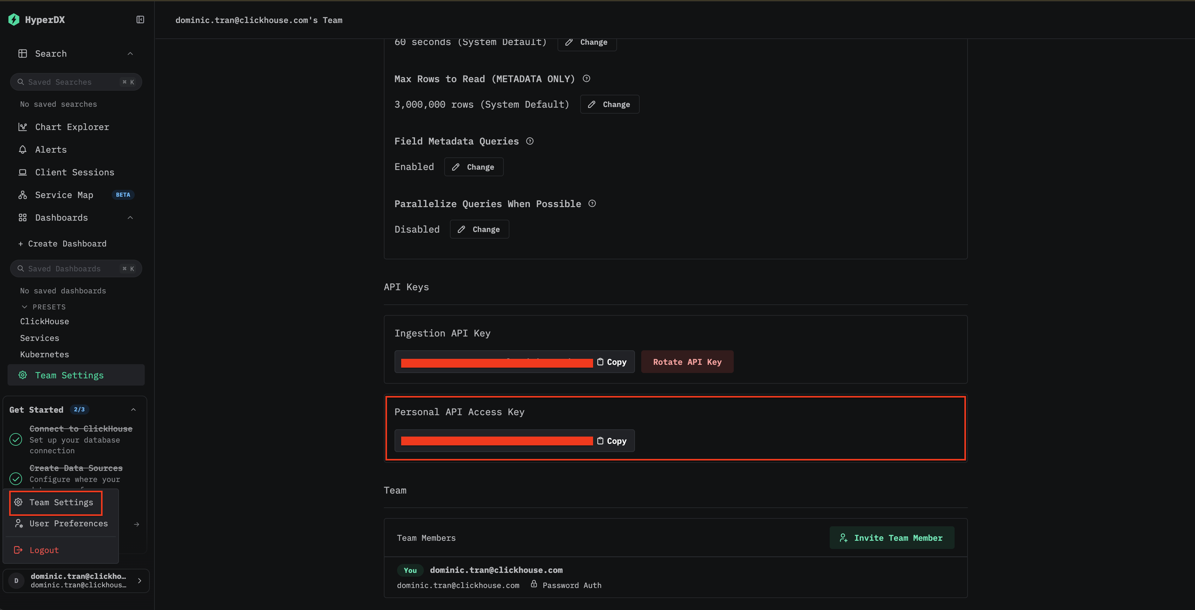 Personal API Access Key in Team Settings