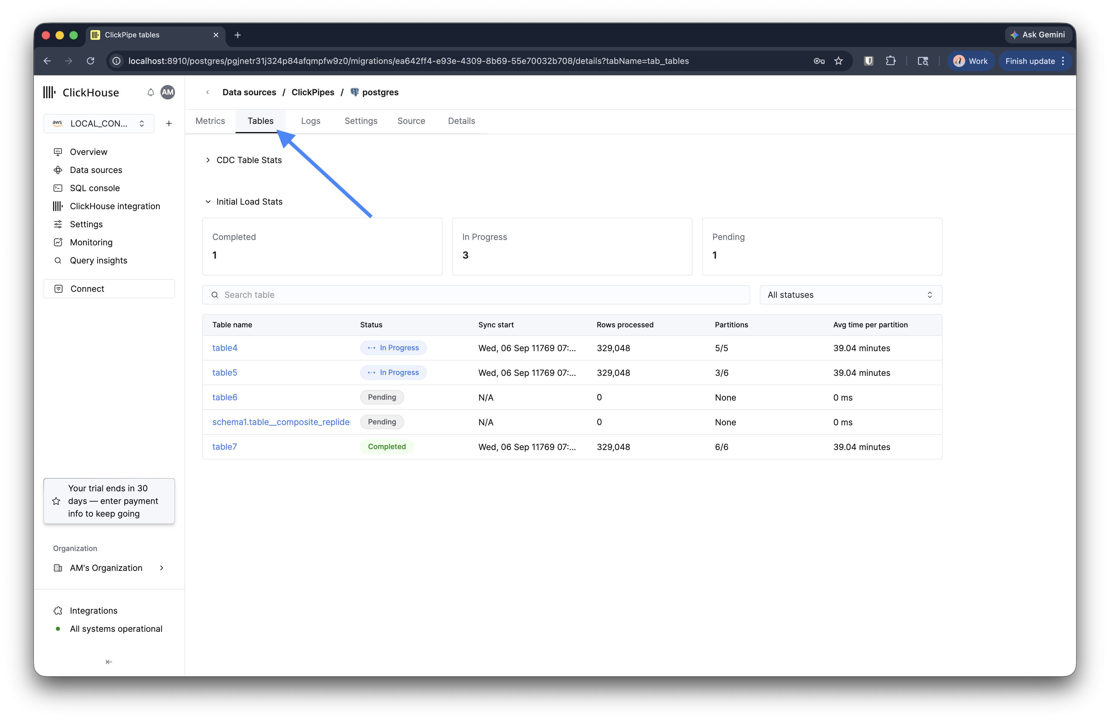 Migration detail view showing initial load stats per table